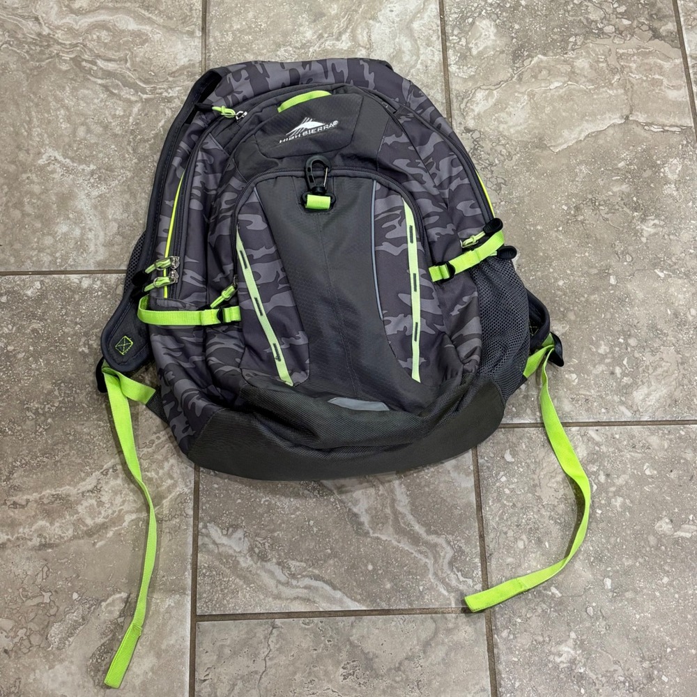 High Sierra Grey Camo Backpack Lime Green Suspension Strap School Hiking Bag